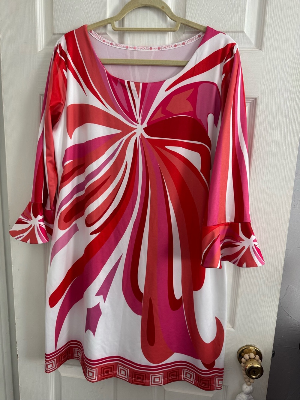 Aris Pink Red White Swirl Midi Dress with Ruffle Cuffs